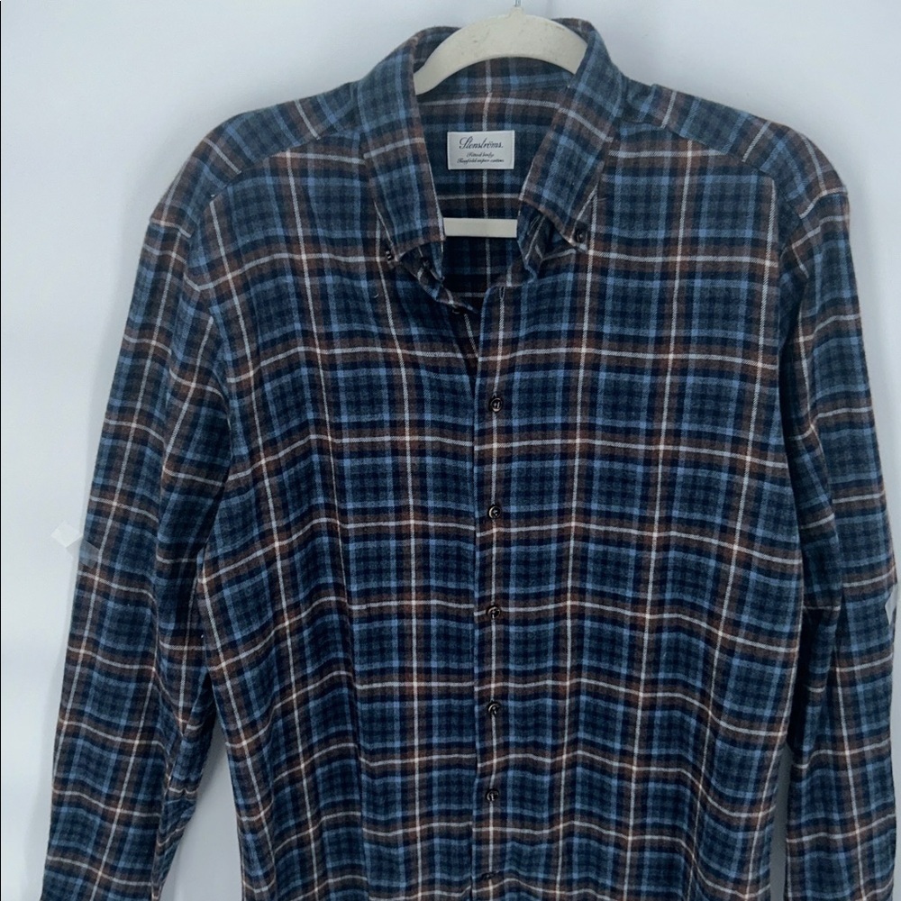 Stenströms Fitted Body Plaid Button Down Shirt M Blue Brown Twofold Super Cotton - Picture 4 of 12